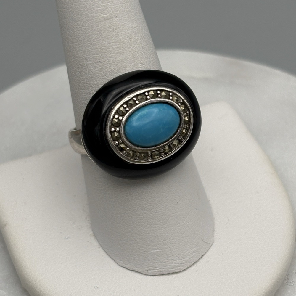 Vintage Sterling Silver Turquoise Onyx Ring Sz 9 Statement Modernist